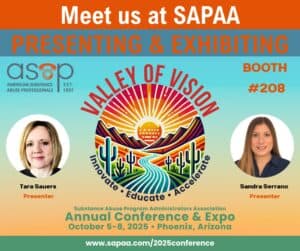 Promotional ad for SAPAA 2025 Conference featuring American Substance Abuse Professionals presenting and exhibiting.