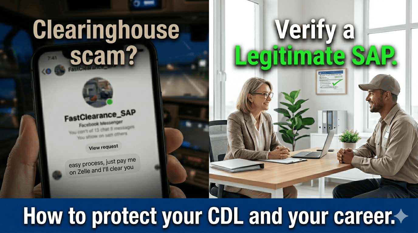 CDL drivers have been exposed to SAP FMCSA Clearinghouse scams; be sure you use a verified DOT SAP for the return to duty process.